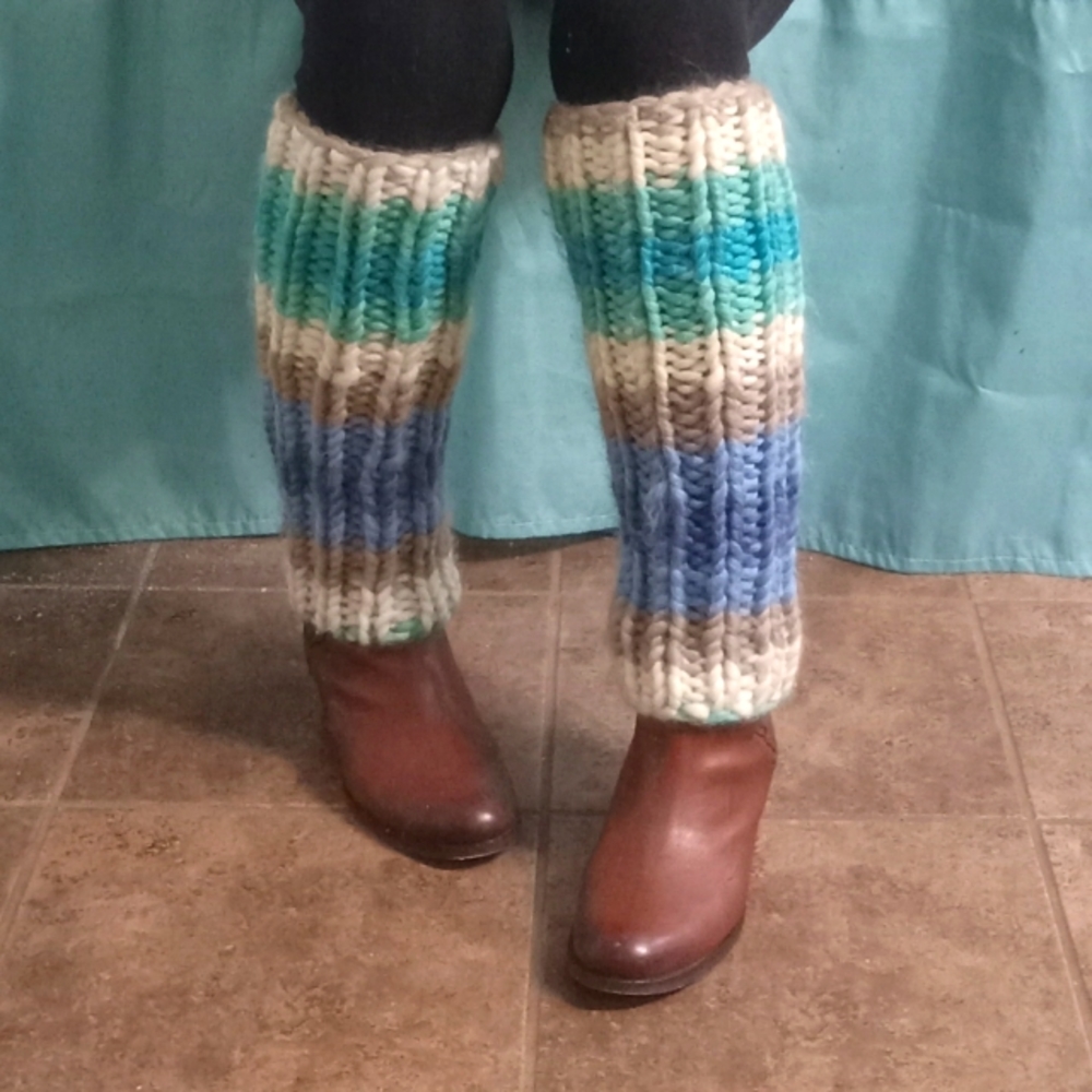 Handmade Handknit Women's Chunky Knit Striped Wool Blend Legwarmers OSFM